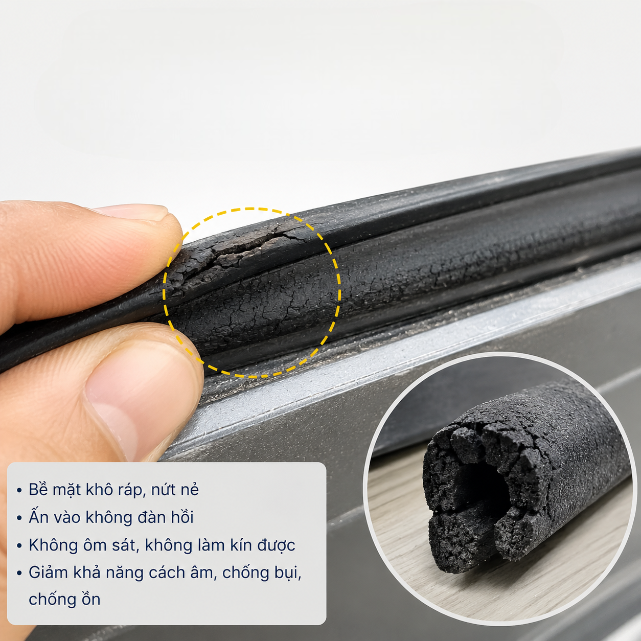 Gioăng cao su xốp cách âm bị chai cứng và mất độ đàn hồi